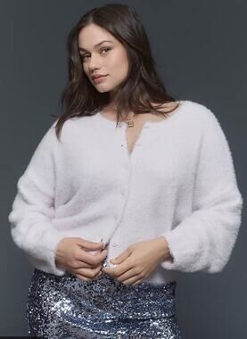 Anthropologie Flat White Eyelash Fuzzy Button Cardigan Sweater Cream Size Large